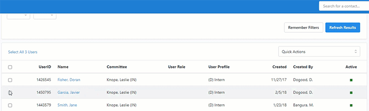 Animation of choosing the deactivate users link from the drop-down