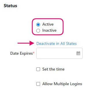 User detail page with Status box highlighted