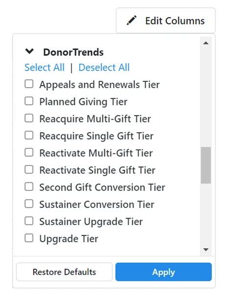 list of donortrends columns in the report