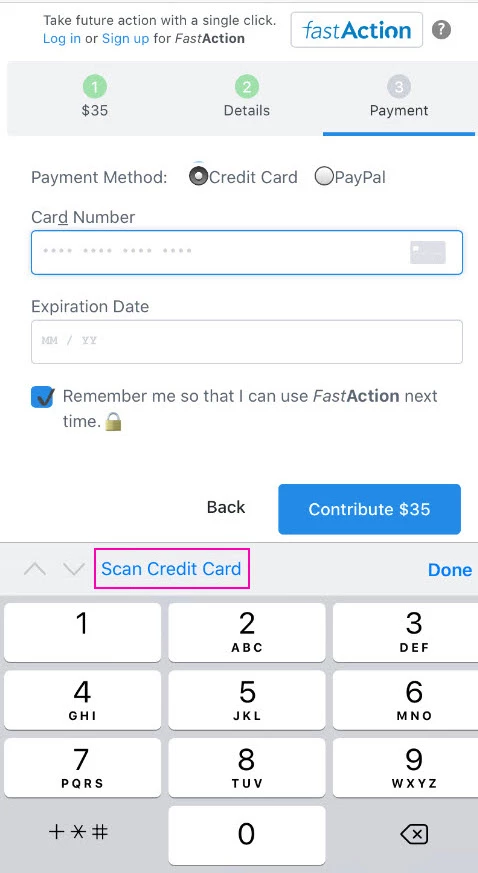 screenshot of a cell phone interface with the Scan Card link highlighted