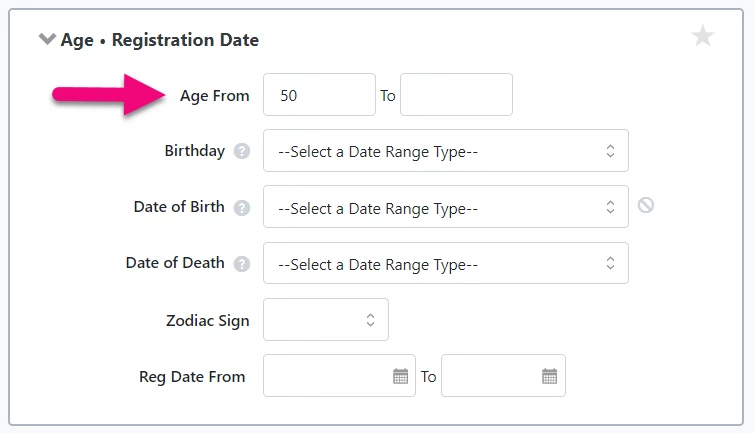 Age from lower limit set to 50 (upper limit is blank)