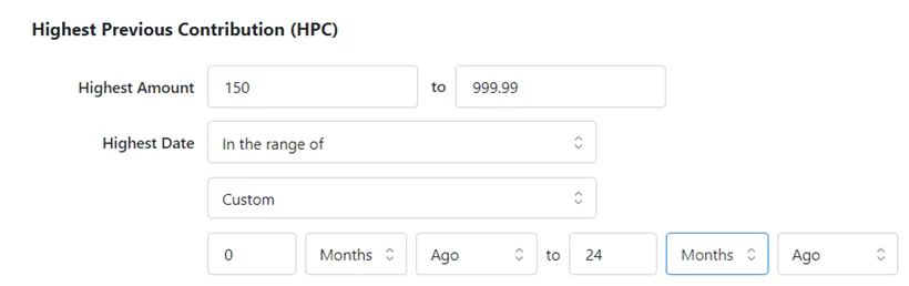 Highest amount range selected is 150 to 999.99