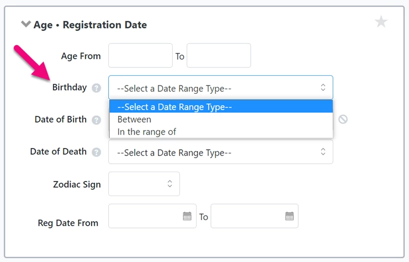 Birthday criteria field highlighted