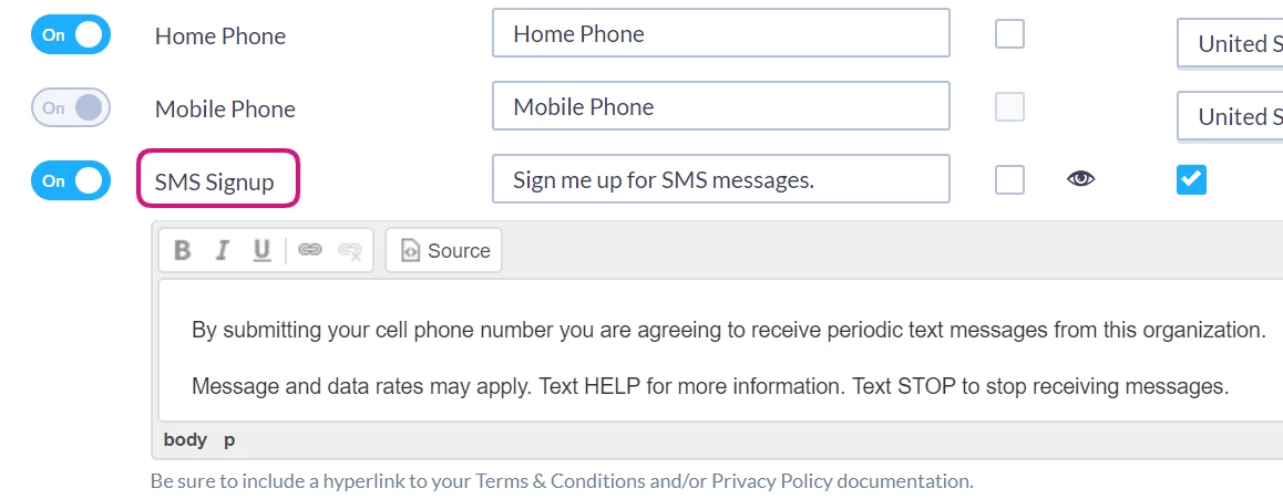 SMS signup option highlighed in Build Page step when making an Online Actions form