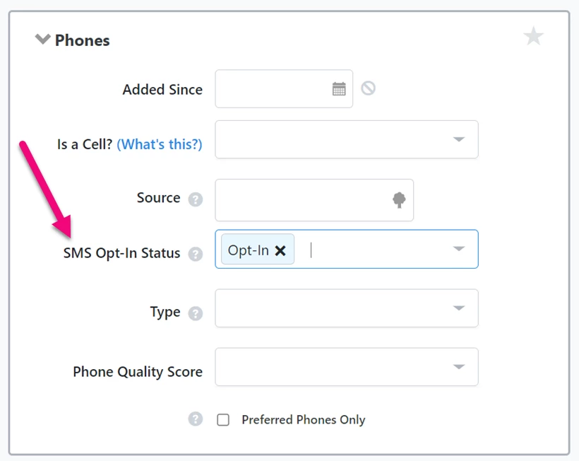 Phones section in Create a List with SMS Status highlighted