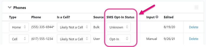 Phones section in the contact record with SMS Status highlighted
