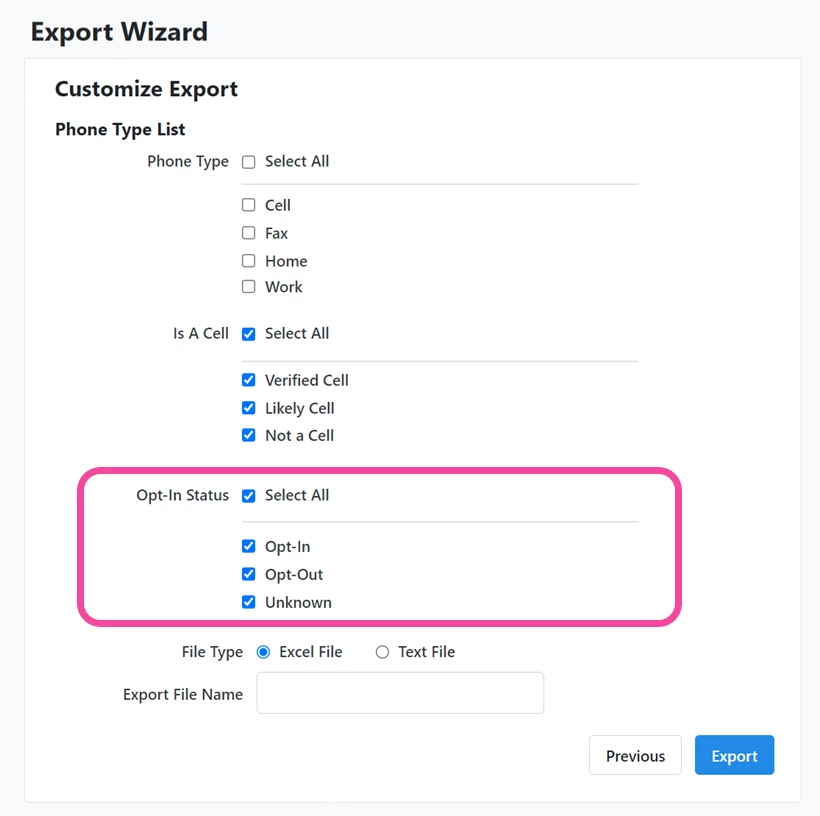 Using checkboxes to select which phones to included based on SMS status