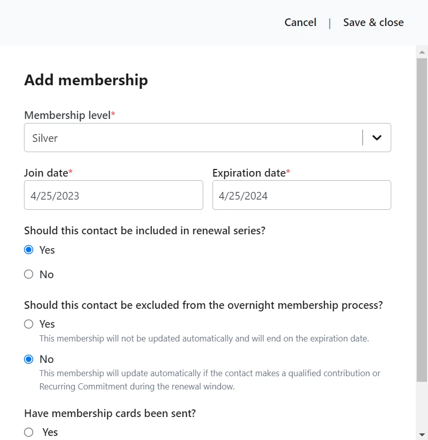 Add Membership form