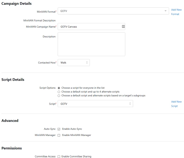 MiniVAN details screen