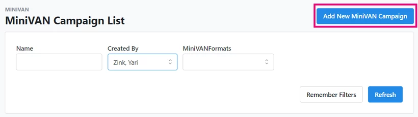 Add New MiniVAN Campaign is highlighted on page