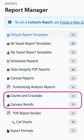 list of reports in report manager with canvass results and counts and crosstabs highlighted