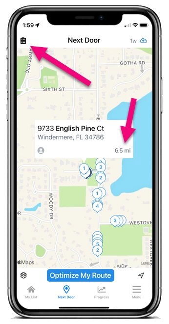distance and view toggle icons are highlighted