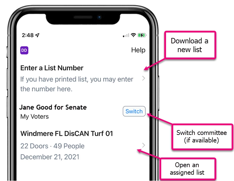 First MiniVAN screen with highlights pointing to how to add list