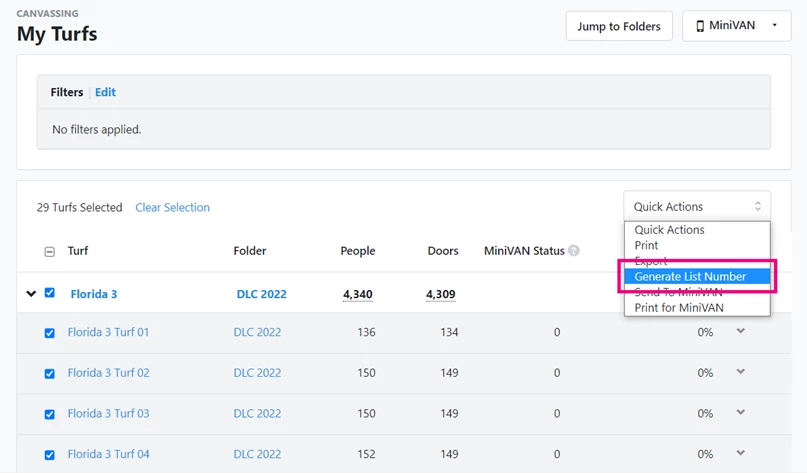 generate lists is highlighted in quick action dropdown