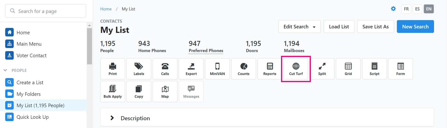 My List toolbar with Cut Turf highlighted