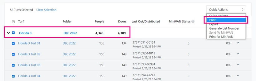 Print is selected in Quick Actions