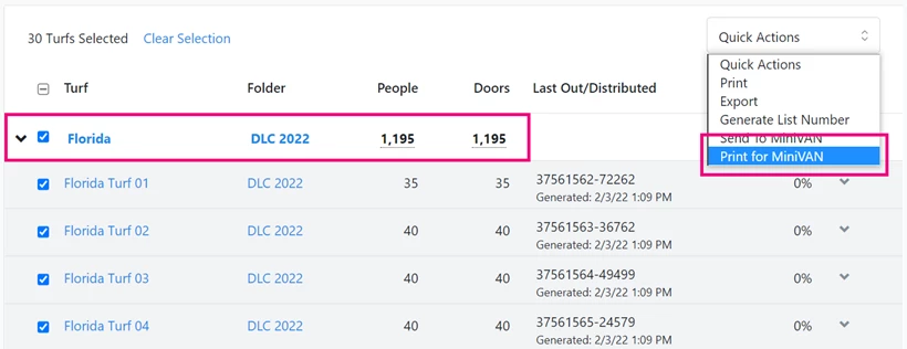 Using the Quck Action menu to choose Print to MiniVAN
