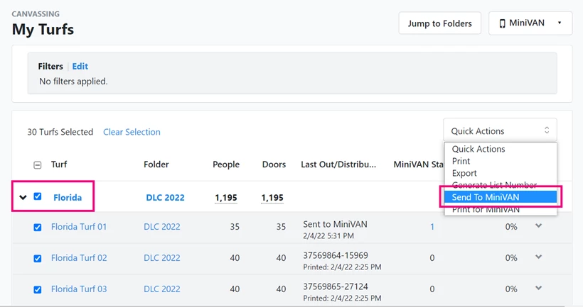 Send to MiniVAN is highlighted in Quick Action dropdown