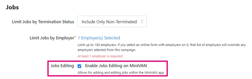 setting up jobs in the minivan campaign