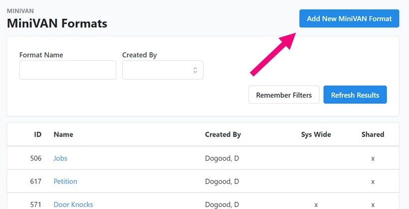 add new minivan format link is highlighted