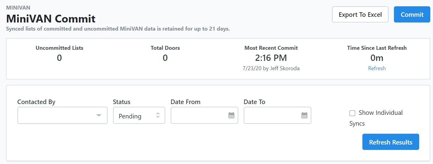 Screenshot of the MiniVAN commit screen