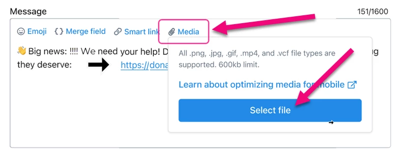 Media link is highlighted in the message editor