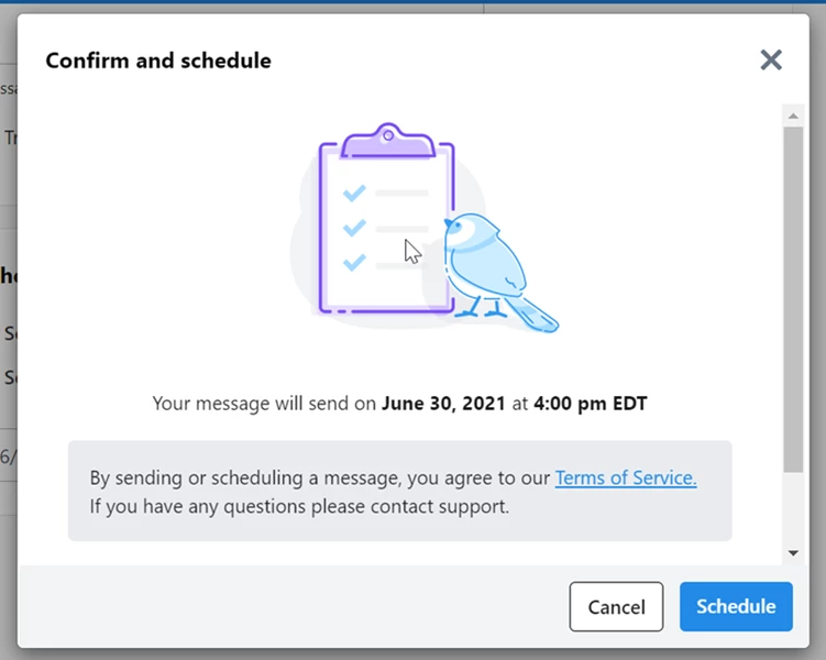 Confirmation message with date and time listed
