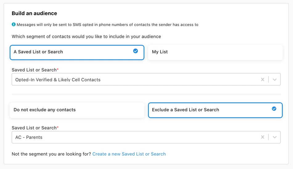 Build an Audience section of the create message