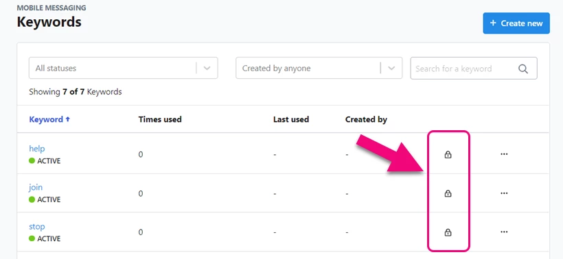 Lock icons are highlighted on the Keyword list page