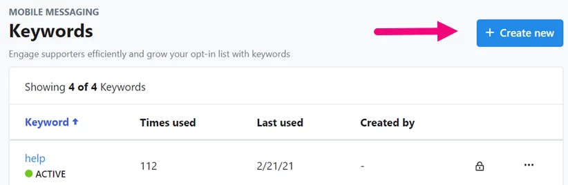 Create new is highlighted at top of page