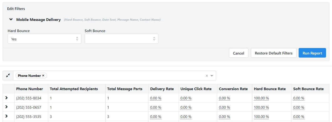 example of report filtered on hard bounces and grouped by phone number