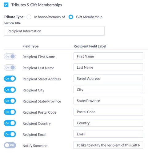 Gift Membership option select with fields for address and email