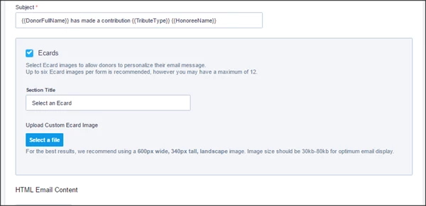 Enable the Ecards checkbox to upload and select Ecard images