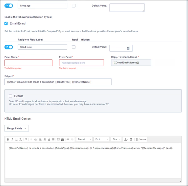 Configure Email or Ecard to the notification recipient