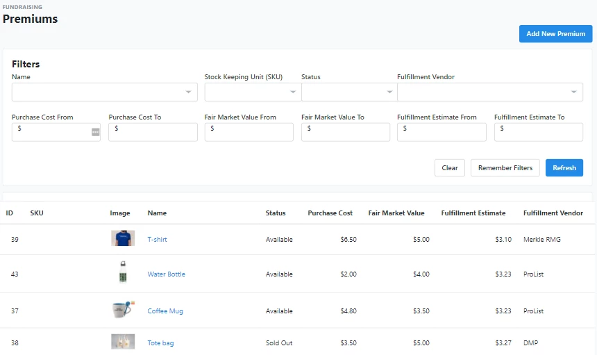 page showing available premiums in your database