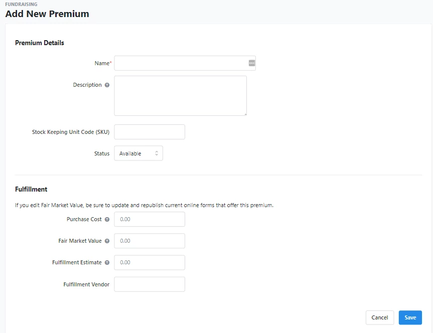 fields available to customize after adding a premium