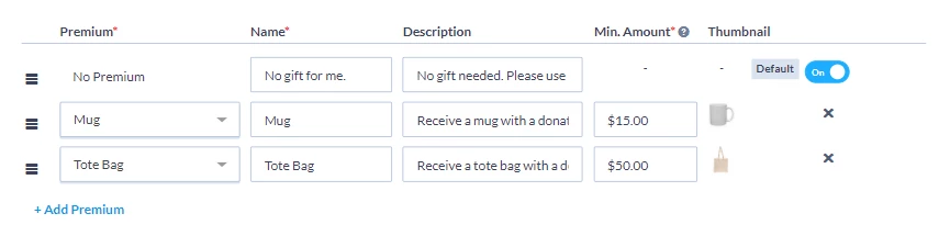 where to add premiums and how to customize how they appear to donors