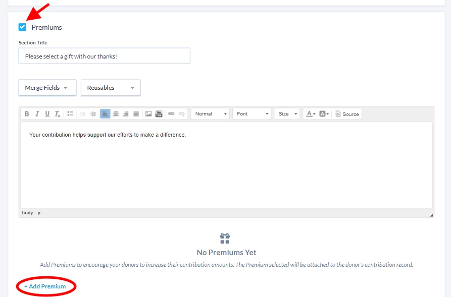 expanded premium section of build page showing how add a premium to your form