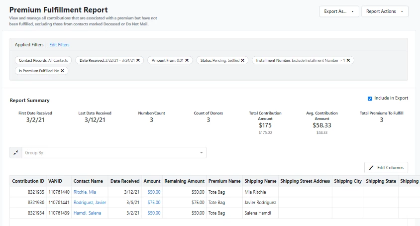 premium fulfillment report showing 3 records with unfulfilled premiums