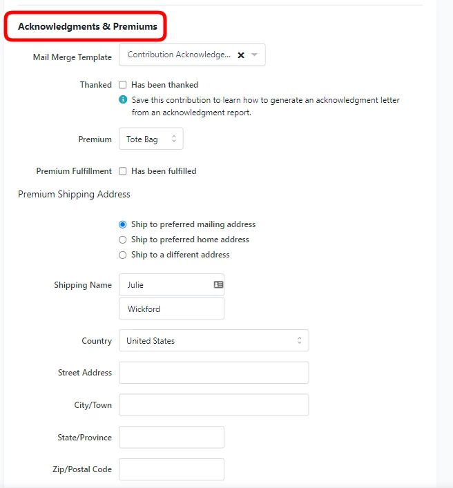 expanded acknowledgements and premiums section of the contribution record