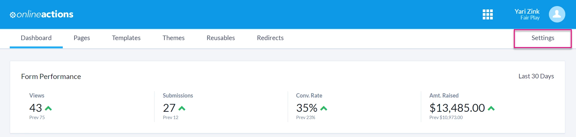 Online Actions Settings button header
