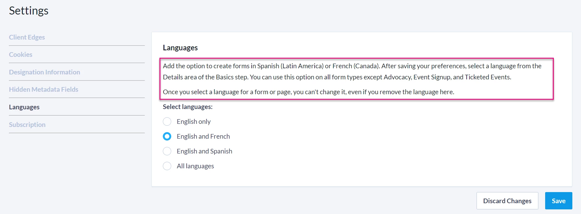 Online Actions Settings Languages