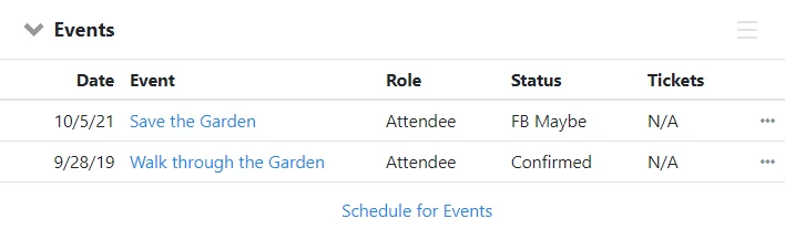 Event section of the contact record showing date, event, role, status, and tickets