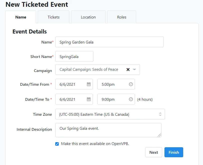 details for new ticketed event