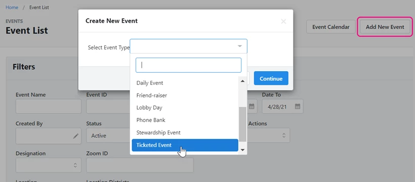 add new ticketed event selector
