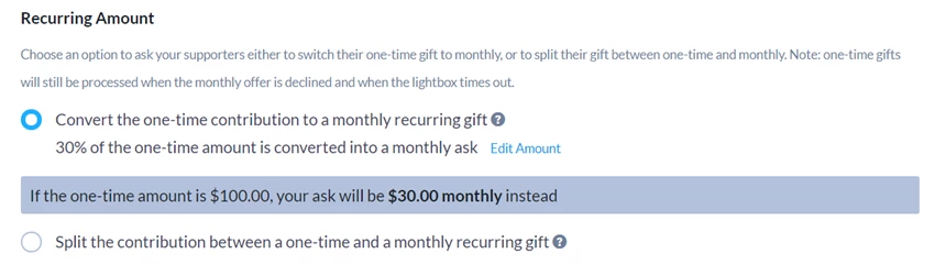 Radio buttons showing selection of type of upsell