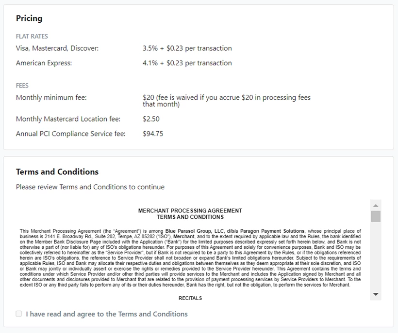 Example of the terms and conditions page