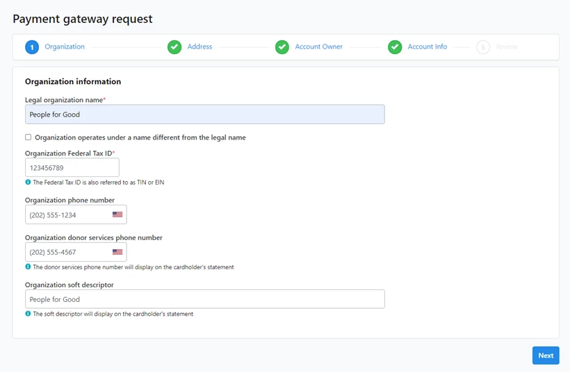 First page of the application form for Paragon gateway