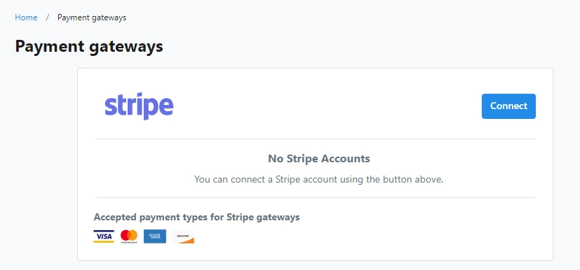 Payment gateway page with stripe setup connect button
