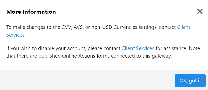 Warning message to contact support if you need to disable to change the settings on the Stripe connection